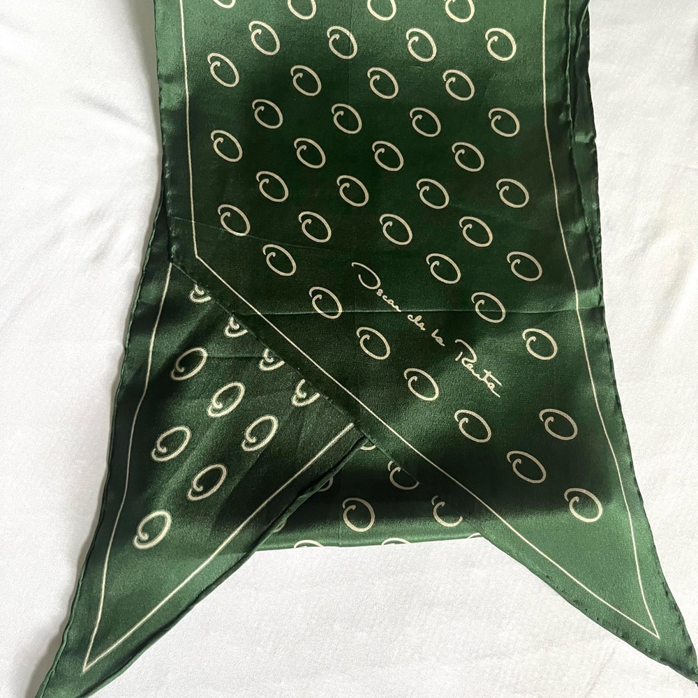 Vintage Oscar de la Renta Logo Green Silk Scarf – Long & Lightweight – 57”x8”